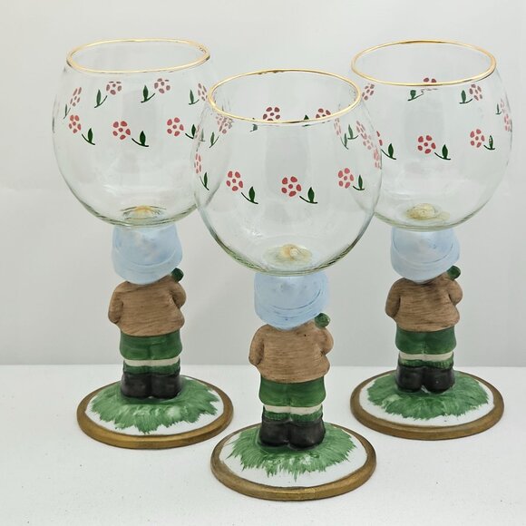 1980s Porcelain Figurine Wine Glasses set-3 by JSNY Taiwan whimsical sweet wine - Picture 10 of 14